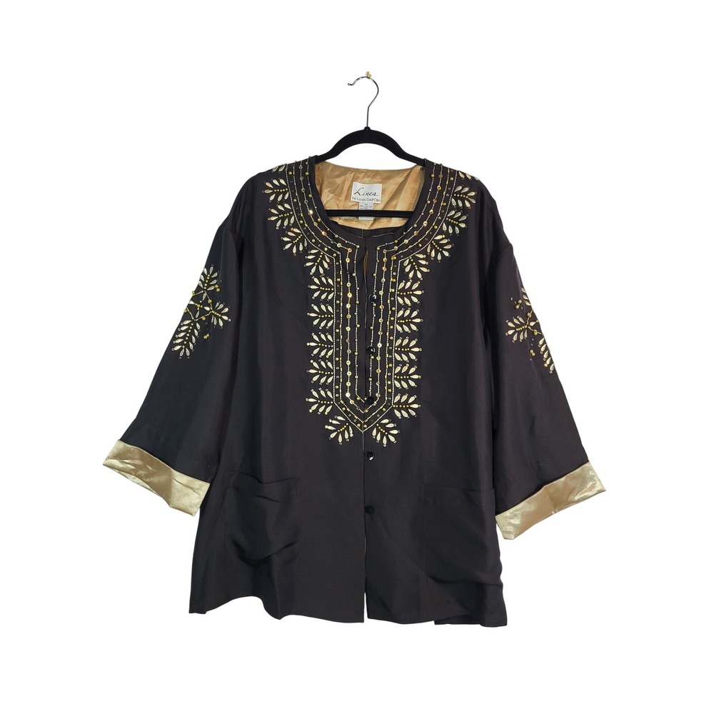 Linea 100% Silk Tunic Blouse 3X Black Gold Embroidered Beaded Sequin Dressy NWT